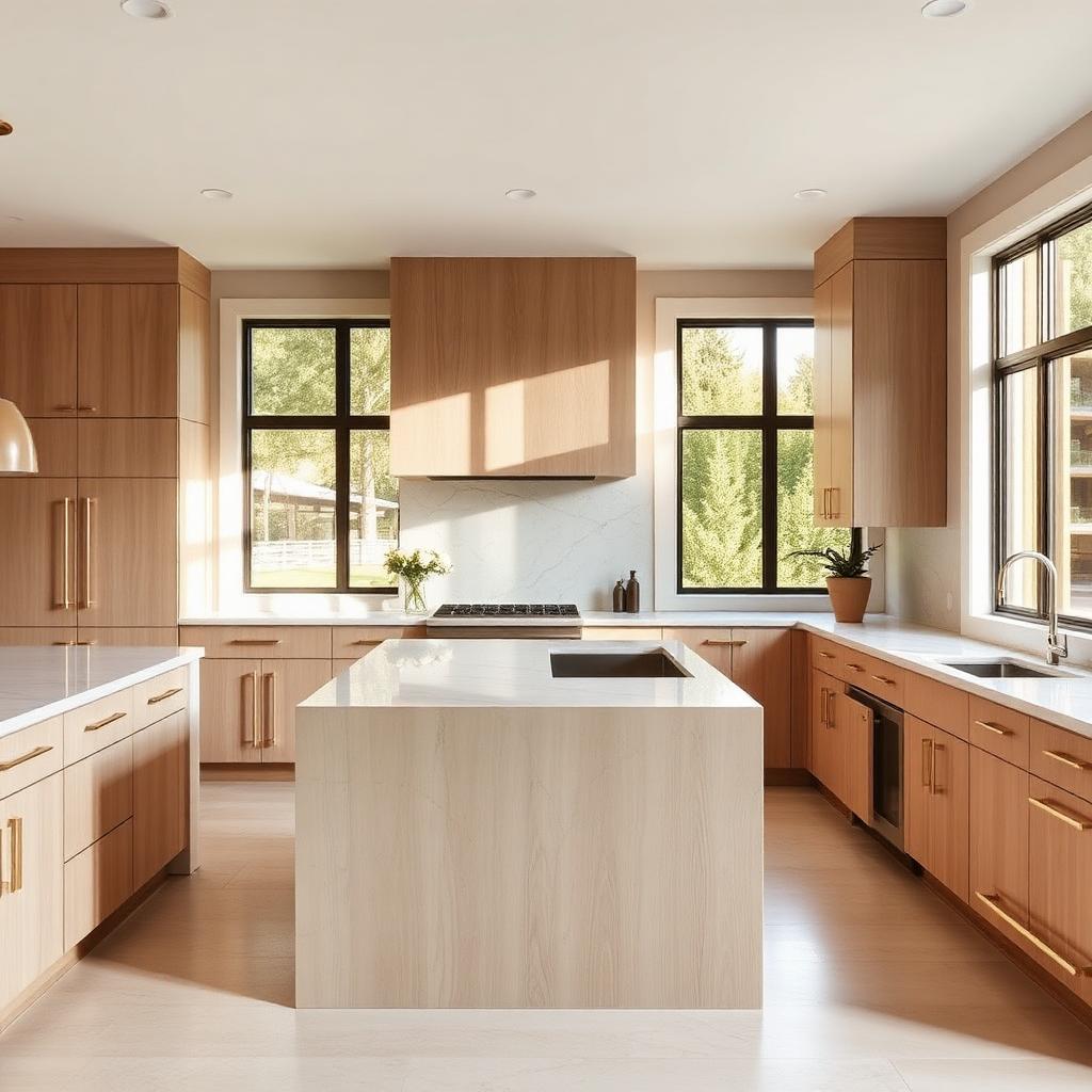 Rift-cut white oak kitchen with quartzite waterfall island in a Lake Oswego home
