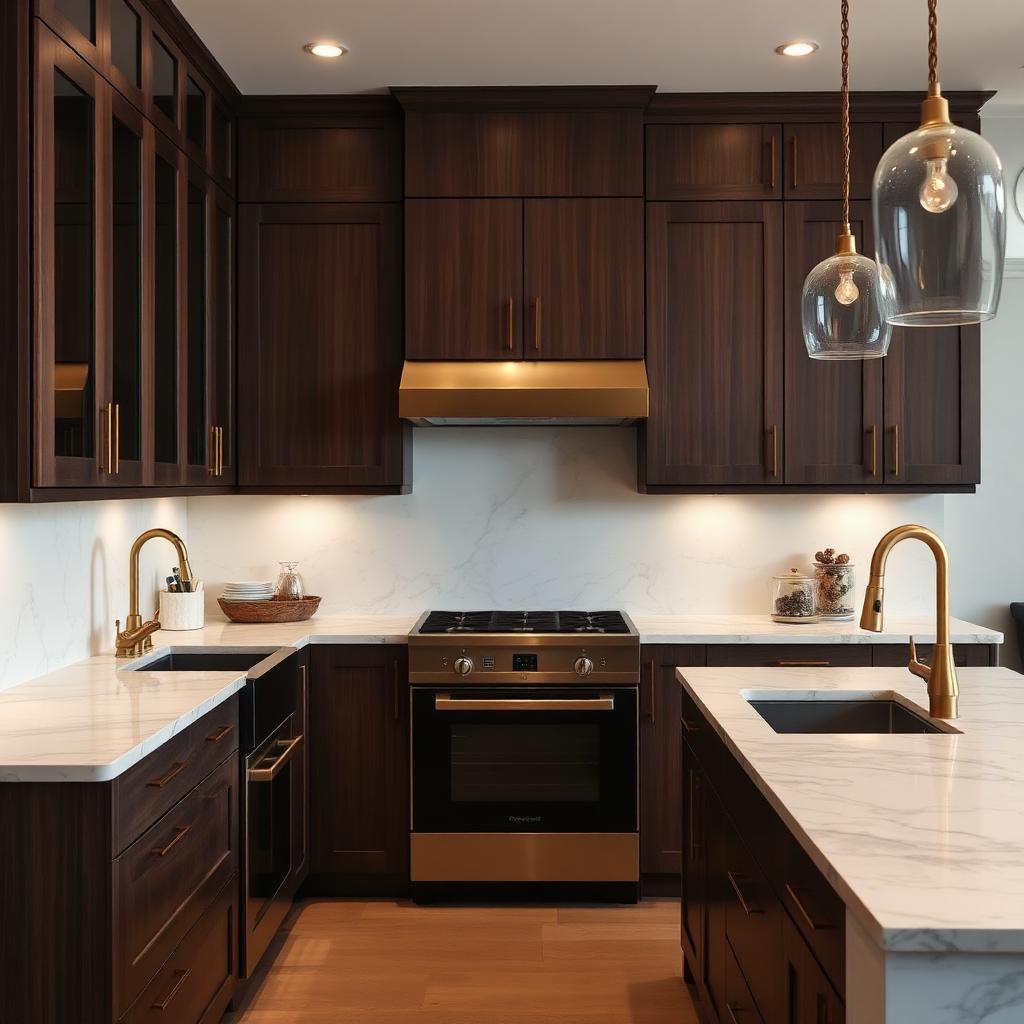 Walnut and marble kitchen with unlacquered brass fixtures in West Linn