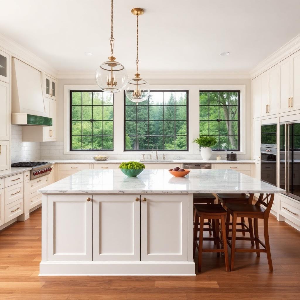Cream shaker kitchen with marble island overlooking Portland West Hills forest